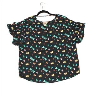 Coco Vintage butterfly insect print short sleeve blouse size S